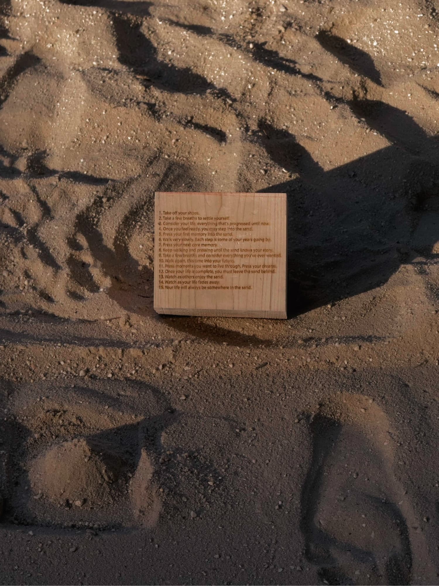Lifeform cube resting in raked sand, instructions engraved on its face.