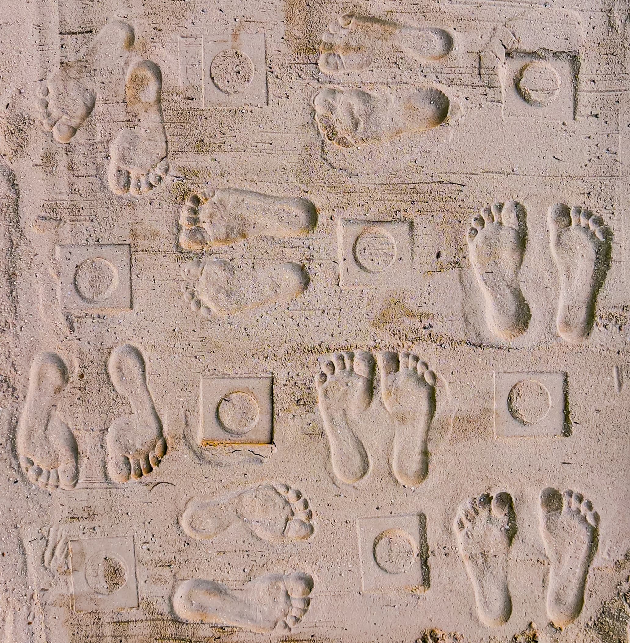 Footprints and Lifeform impressions pressed into sand.